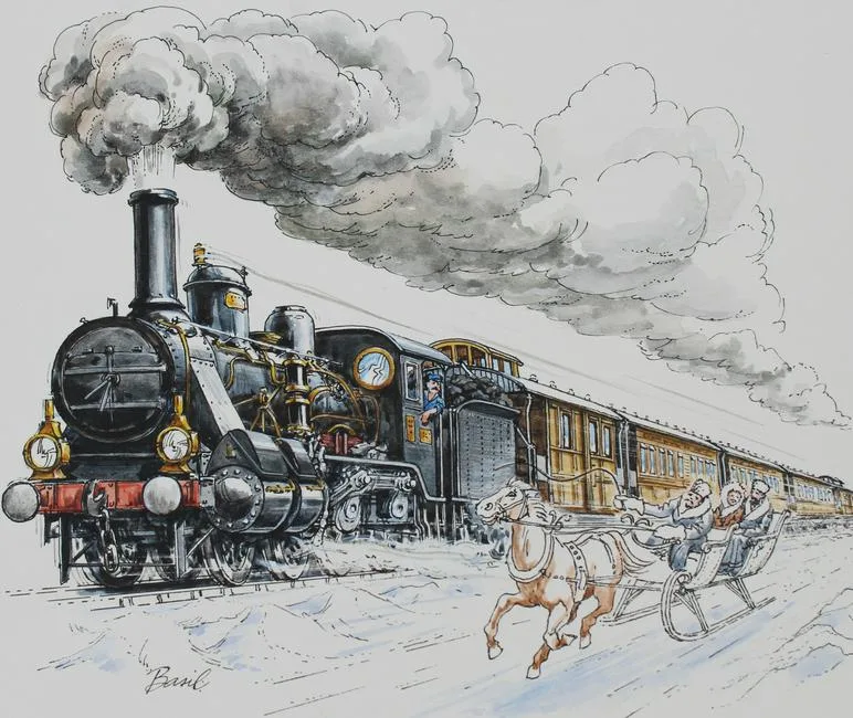 Orient Express by Basil Smith, Watercolor/Mixed Media on Hot Press Illustration Board, sold Nov 2021