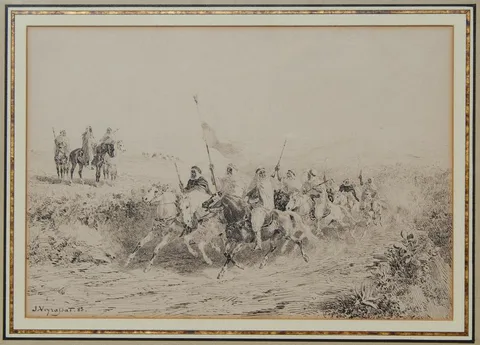 Jules Jacques Veyrassat, L'escorte du Caid, Ink on Paper