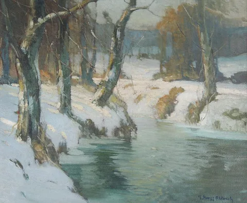 Winter Indiana by George Ames Aldrich, Oil on Board, sold Jan 2022