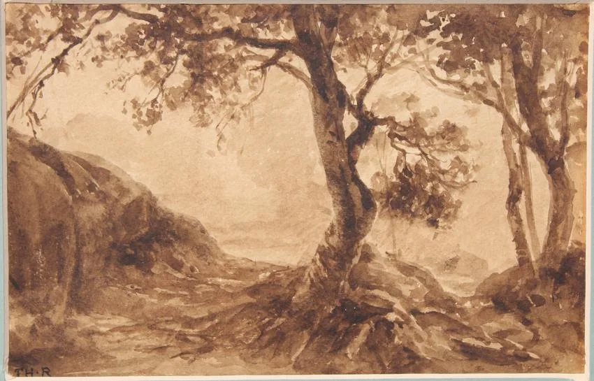 Théodore Rousseau, Fontainebleau, undergrowth with rocks, watercolor
