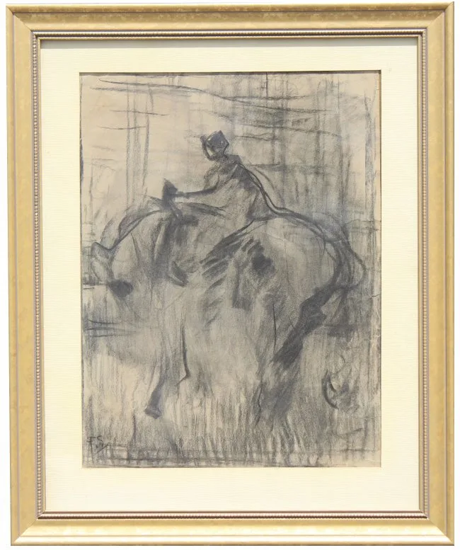 Frans Slager, Work Horses at the Docks of Antwerp, Charcoal on Paper