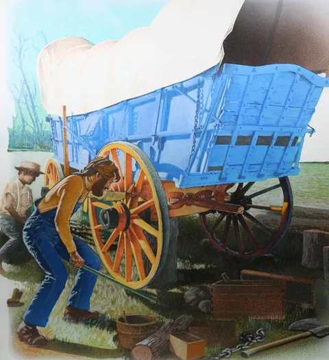 Jim Butcher, Boy and Father Fixing Wagon Wheel, Mixed Media on Illustration Board