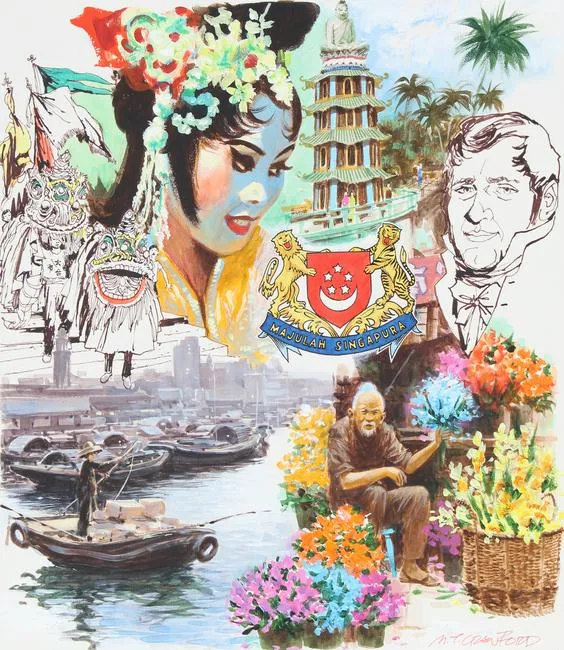 Singapore by Mel Crawford, Mixed Media on Illustration Board, sold Jan 2022