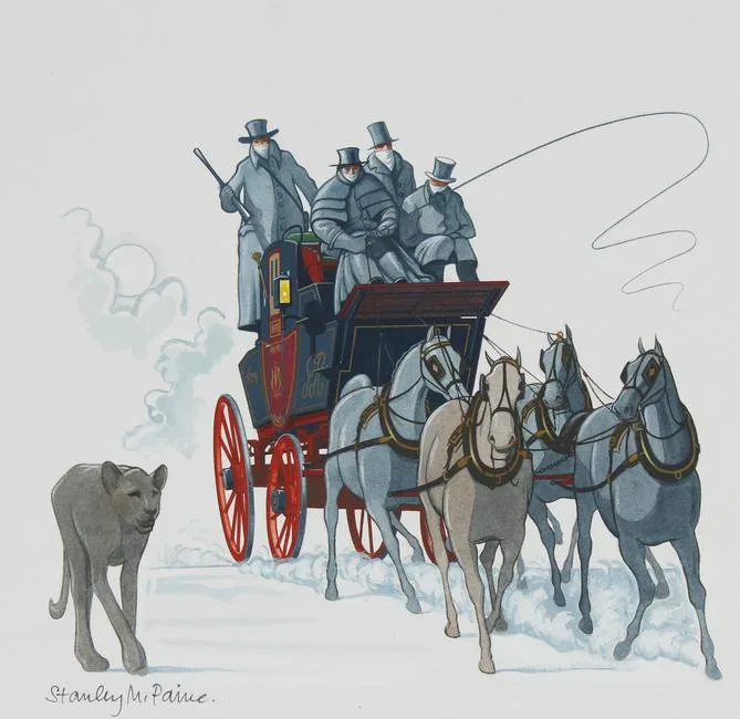 Exeter Mail Coach by Stanley Paine, Mixed Media on Illustration Board, sold Jan 2022