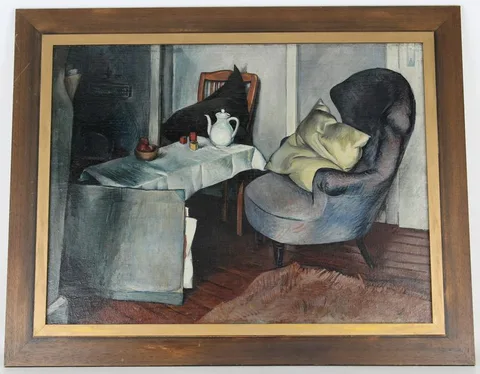 Johannes Gecelli, sessel mit gelbem kissen, Oil on Canvas
