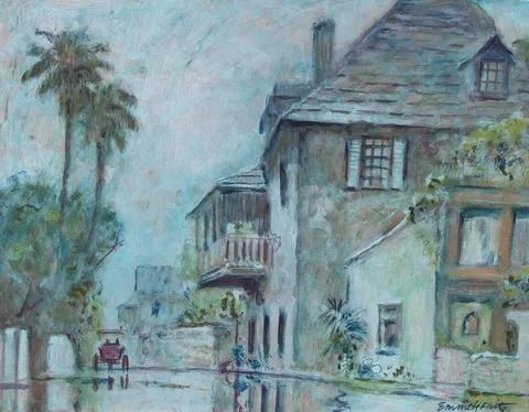 St. Augustine Street View by Emmett Fritz, Oil on Masonite, sold Feb 2022