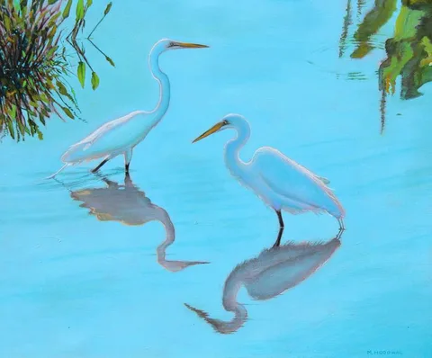 Michael Hodowal, Florida Cranes Fishing in the Shallows, Oil on Canvas