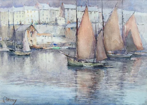 Charles Napier Hemy, Sails on Waterfront, Watercolor