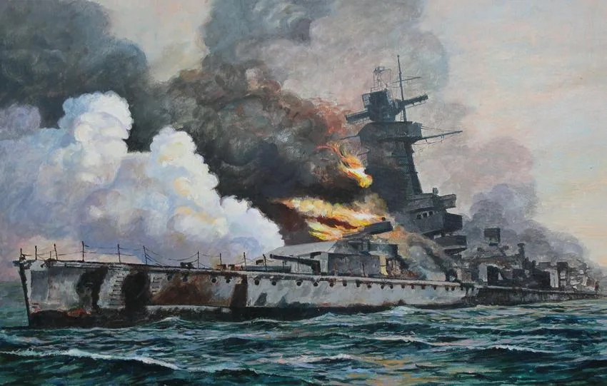 Graf Spee by Brian Sanders, Oil on Canvas Board, sold Feb 2022