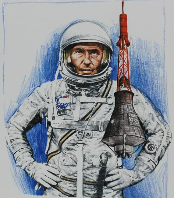 Walter Schirra - First Splashdown in the Pacific by Chris Calle, Mixed Media on Illustration Board, sold Feb 2022