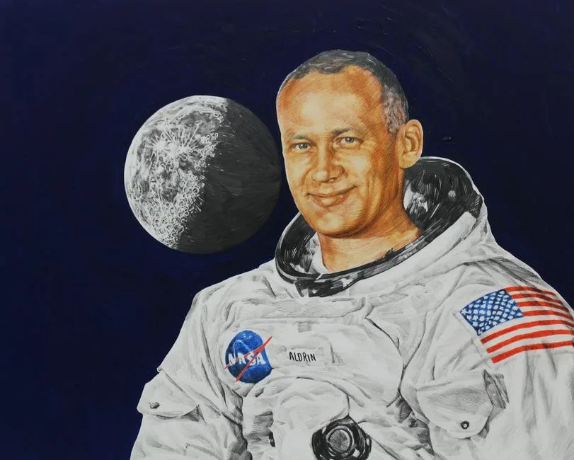 Buzz Aldrin by Chris Calle, Mixed Media on Illustration Board, sold Feb 2022