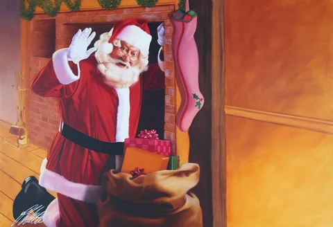 Ed Little, Santa Claus Waving in Front of Chimney, Oil on CanvasBoard