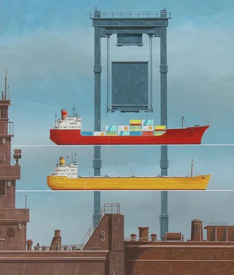 Cargo Vessels by Keith Reynolds, Oil on Canvas Board, sold Feb 2022