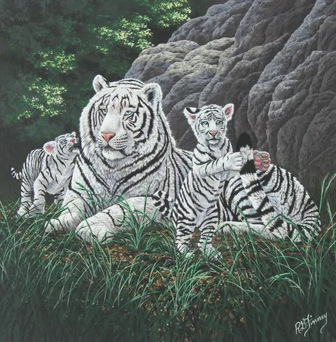 R.G. Finney, White Siberian Tiger Mother with Cubs, Oil on Canvas