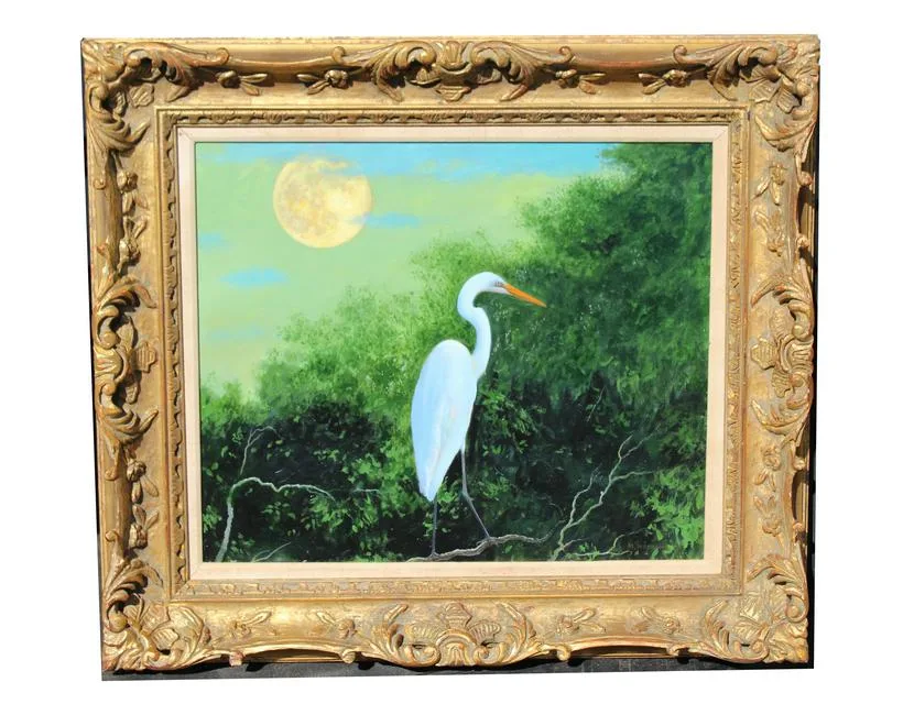 Michael Hodowal, Everglades Crane on a Moonlit Night, Oil on Canvas