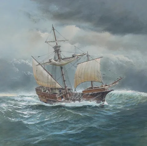 Charles Lundgren, Mathew Sailing Ship, oil on Masonite
