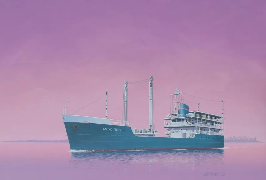Micro Pilot Cargo Ship by Keith Reynolds, Oil on Canvasboard, sold Apr 2022