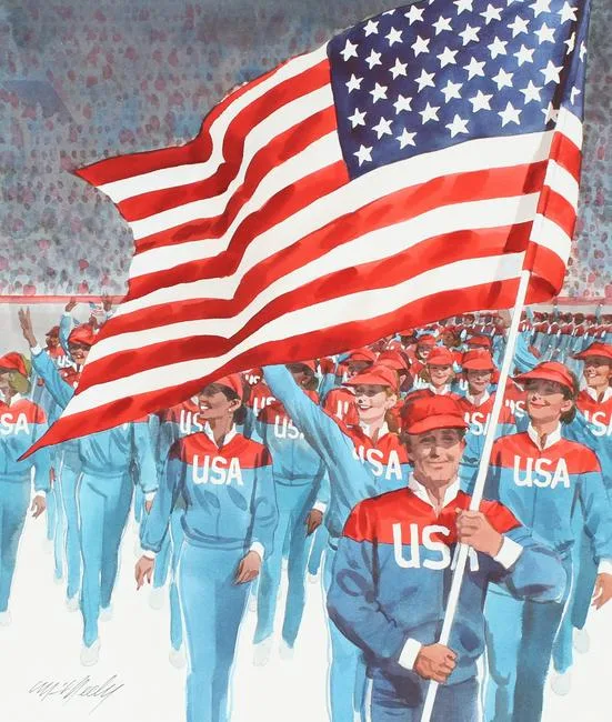 U.S. Olympic Team with Flag by Tom McNeely, Watercolor on Paper, sold Apr 2022