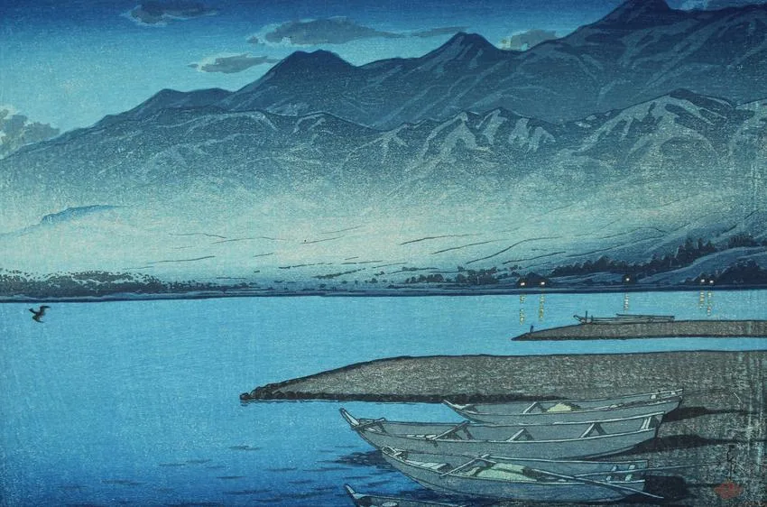 Kawase Hasui, Moonlight over Lake Kamo, Sado Island, Woodblock print