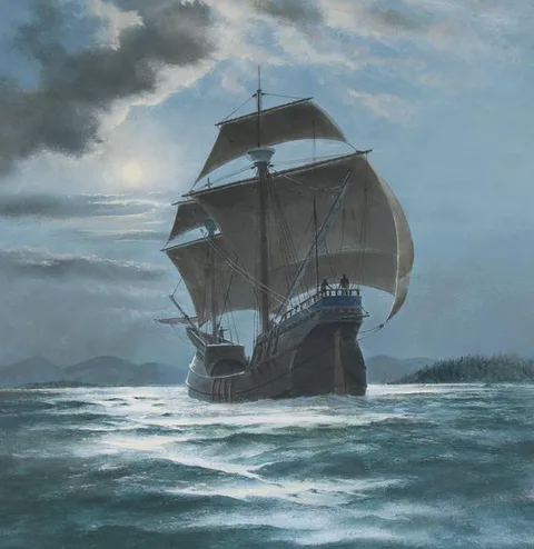 Charles Lundgren, La Dauphine - Giovanni da Verrazzano, oil on Masonite