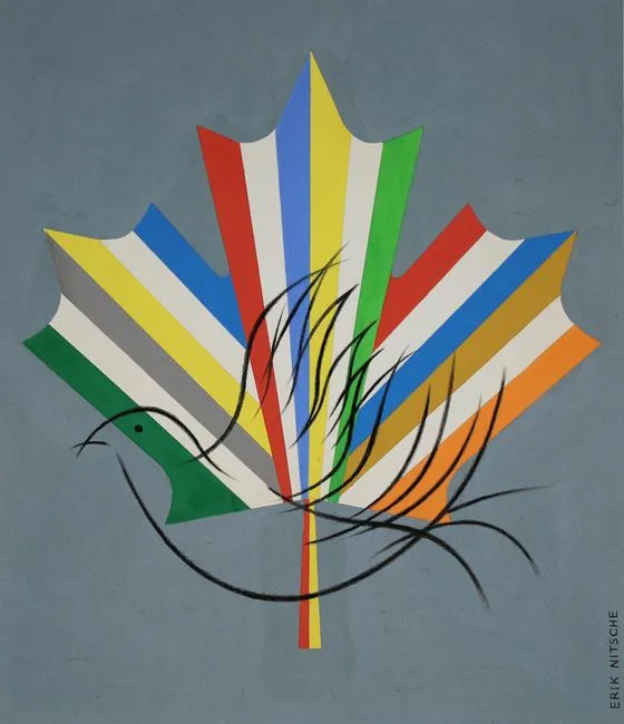 World Flags Forming Maple Leaf by Erik Nitsche, Mixed Media on Illustration Board, sold Jun 2022