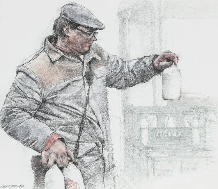 The Milkman by Keith Bowen, Charcoal on Paper, offered Jun 2022