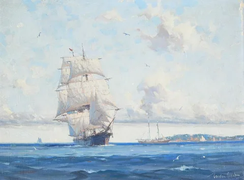 Gordon Grant, The Coasting Brig, Oil on Canvasboard