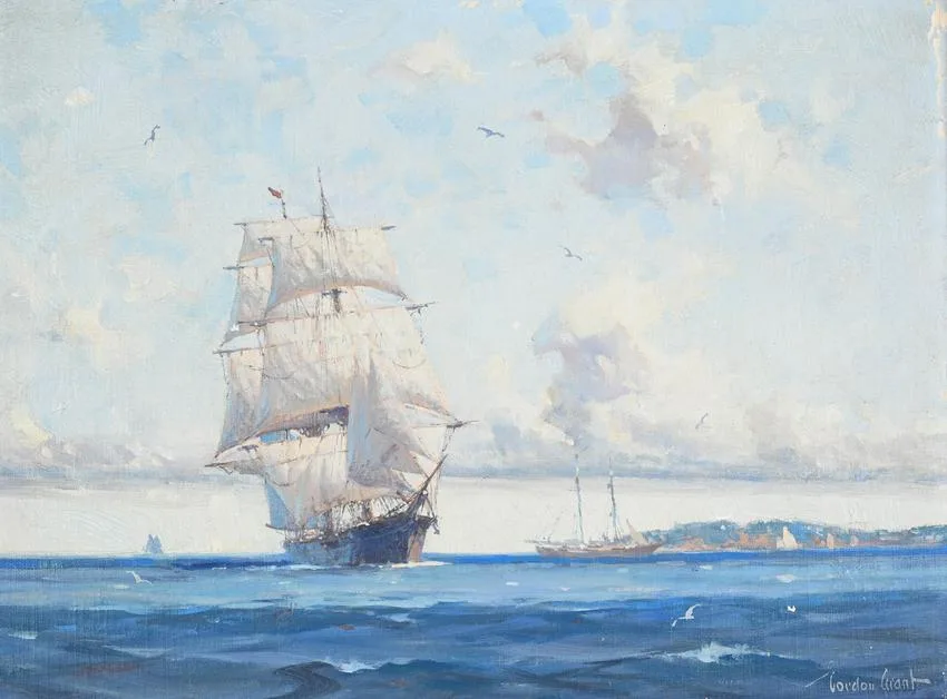 The Coasting Brig by Gordon Grant, Oil on Canvasboard, sold Aug 2022