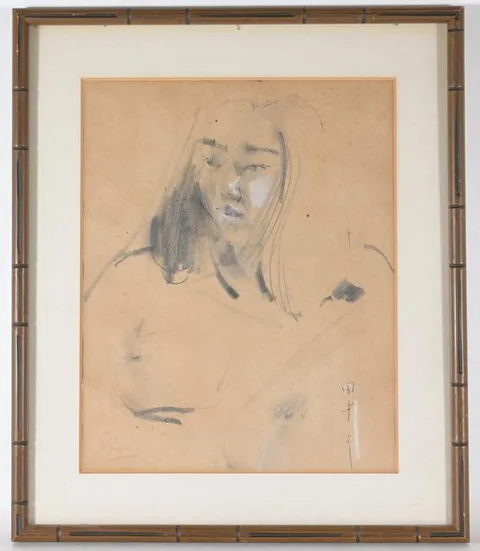Study of Japanese Girl-Student by Antonio Blanco, Crayon on paper, offered Aug 2022
