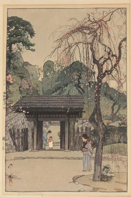 Plum Gateway by Hiroshi Yoshida, Woodblock, sold Aug 2022
