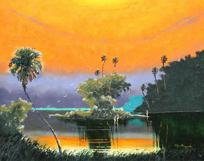 John Maynor, St Lucie River, FL Highwayman, Oil on upson board