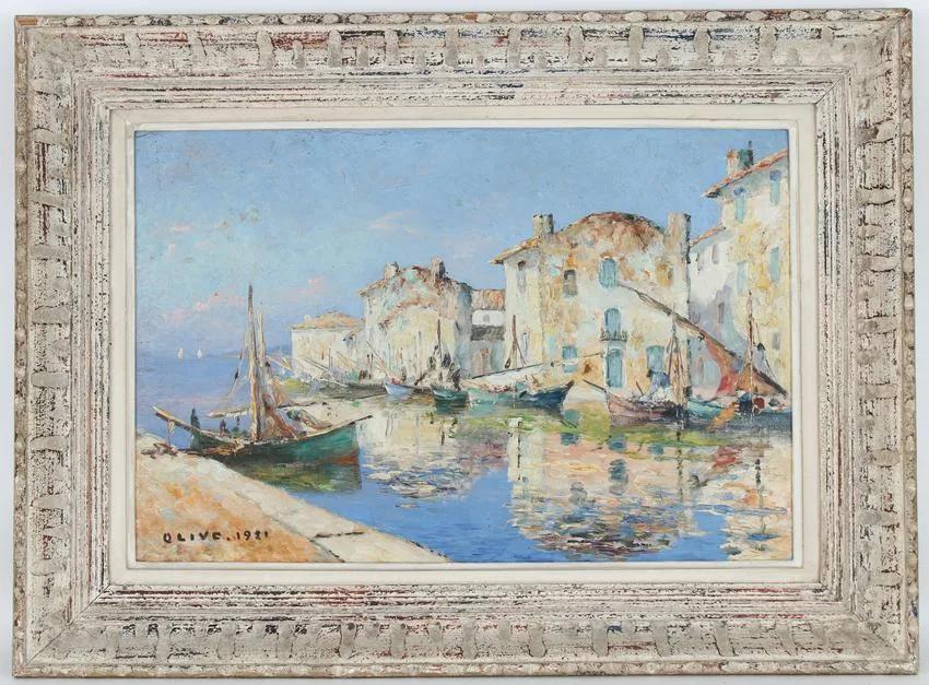 French Port by Henri Olive Tamari, Oil on Board, sold Aug 2022
