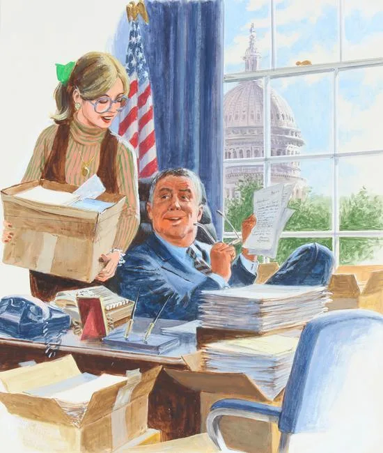 Congressman Getting Mail by Mel Crawford, Oil on Illustration Board, sold Aug 2022