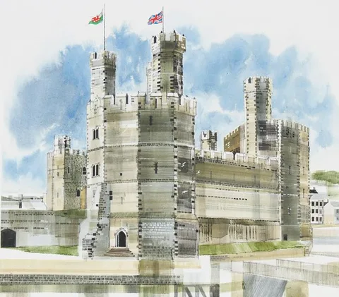 Ronald Maddox, Caernarfon Castle, Watercolor on Illustration Board