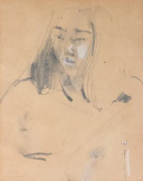 Antonio Blanco, Study of Japanese Girl-Student, Crayon on paper