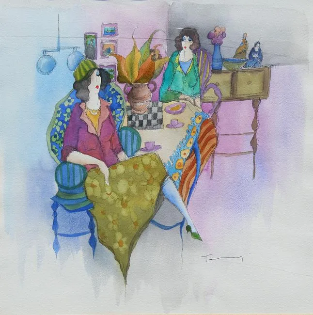Itzchak Tarkay, Dining Room Discuss, Mixed Media