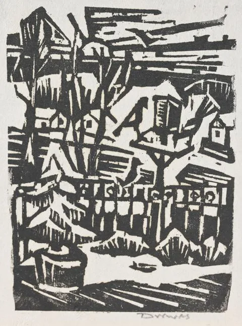 Werner Drewes, Backyard, Woodblock print