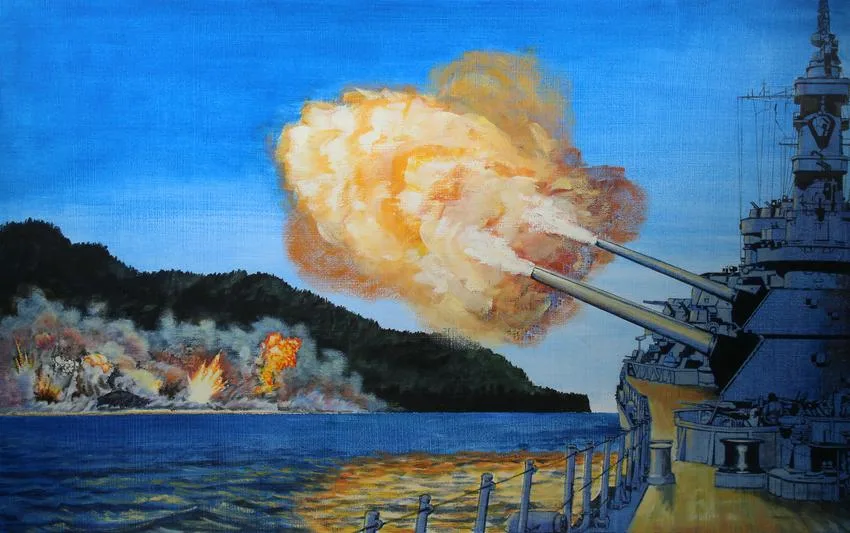 U.S. Liberates Guam by David K. Stone, Oil on Masonite, sold Oct 2022