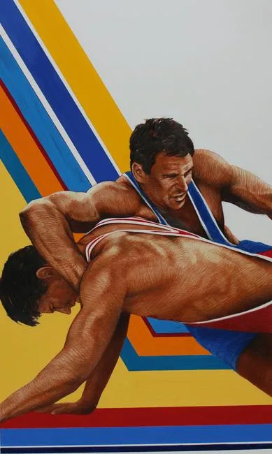 Olympic Centennial Games - Wrestling by Chris Calle, Mixed Media on Illustration Board, sold Feb 2023