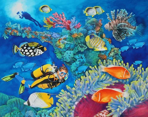 Diver in Chuuk Lagoon by Chris Calle, Mixed Media on Illustration Board, sold Feb 2023