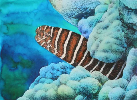 Zebra Moray Swimming in Coral by Chris Calle, Mixed Media on Illustration Board, sold Feb 2023