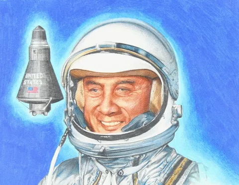 Grissom, Liberty Bell 7 - July 21, 1961 by Paul Calle, Mixed Media on Illustration Board, sold Feb 2023