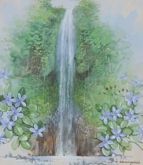 Gordon Beningfield, Waterfall in Forest, watercolor/gouache
