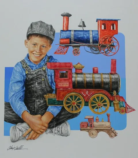Boy w/ Toy Locomotive by Chris Calle, Mixed Media on Illustration Board, sold Apr 2023