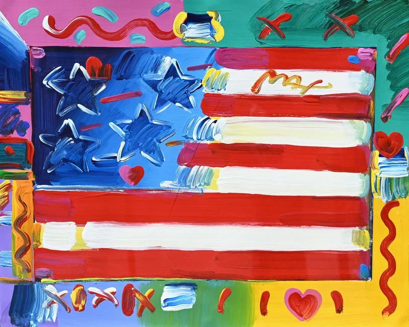 Peter Max, Flag with Heart, Acrylic on paper