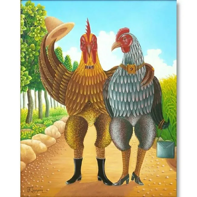 Fritzner Lamour, Rooster Couple, Oil on Canvas