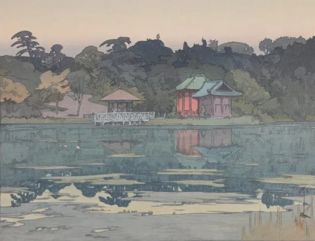 Shakuji by Hiroshi Yoshida, Woodblock, sold Jun 2023