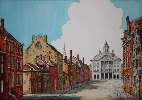 David K. Stone, Federal Hall in New York City circa 1780, 1780, Oil on Masonite