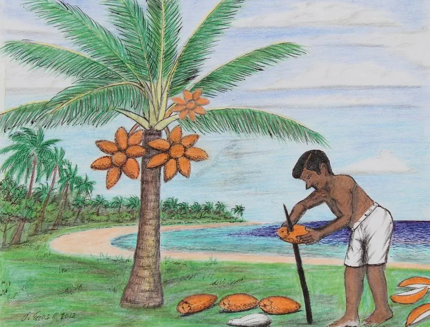 Tobolar Coconut Tree; Husking Nuts by Amram Enos, Pencil on Paper, sold Jun 2023