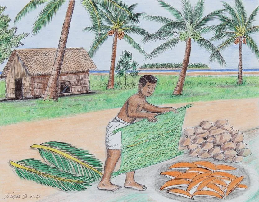 Amram Enos, Tobolar Coconut Tree; Soaking Husk in Sea Water, Pencil on Paper